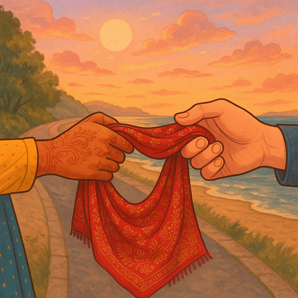 AI generated image of two people holding a scarf.